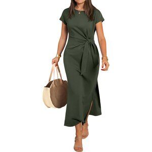 Women's Army Green Polyester Blend Tie Waist Split Crew Neck Casual Summer Maxi